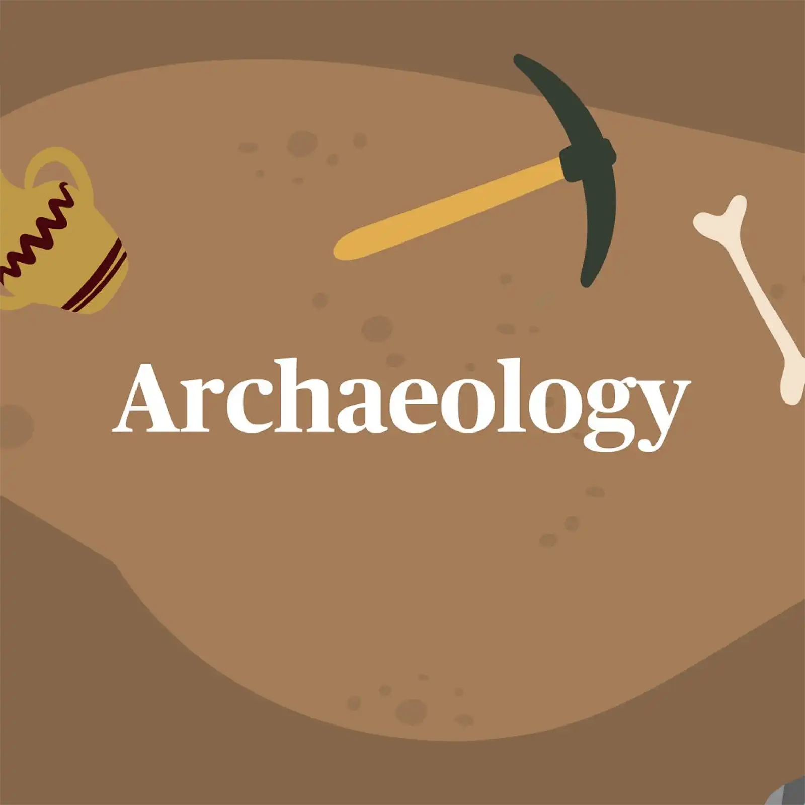 Illustration of an archaeological trench with pick, bone and ceramic pot