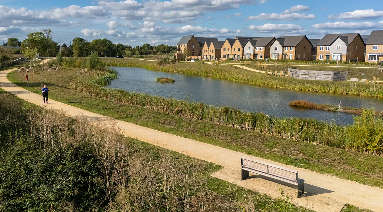Aerial view of Wintringham Lakes with houses