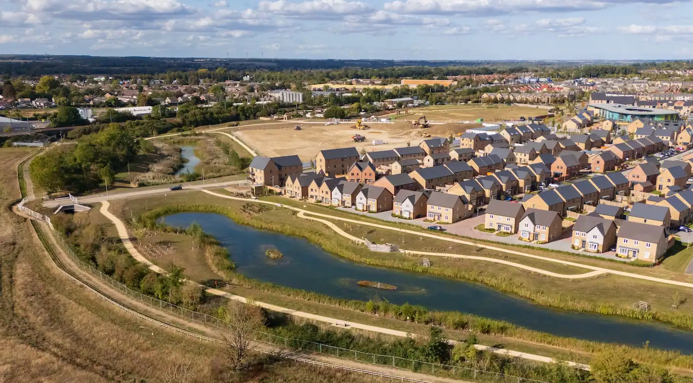 Aerial view of Wintringham Lakes with houses